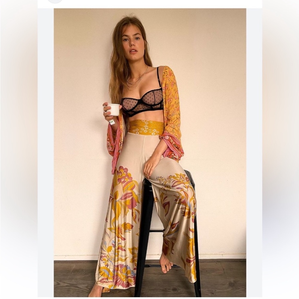 Free People Cream Wide Leg Floral Satin Pants with Mustard Waistband